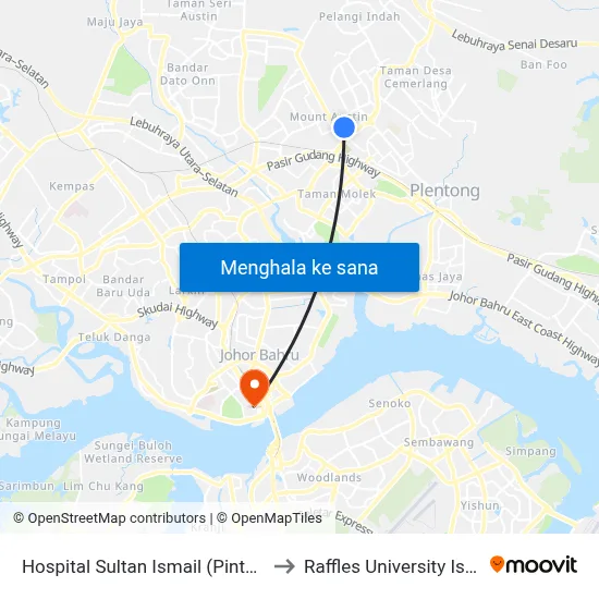 Hospital Sultan Ismail (Pintu Utama) to Raffles University Iskandar map