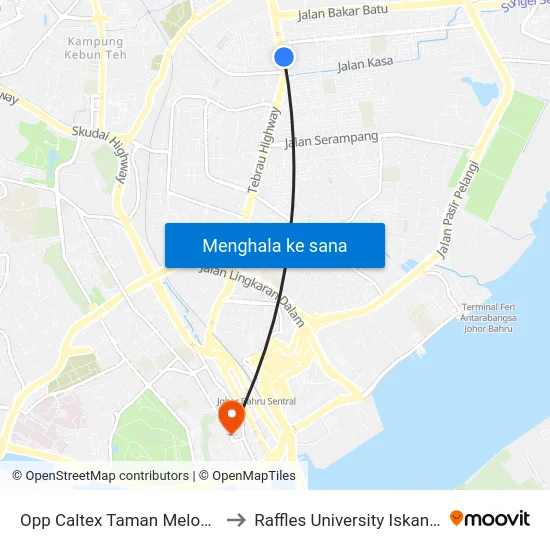 Opp Caltex Taman Melodies to Raffles University Iskandar map