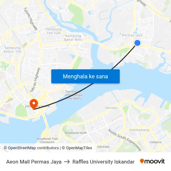 Aeon Mall Permas Jaya to Raffles University Iskandar map