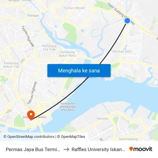 Permas Jaya Bus Terminal to Raffles University Iskandar map