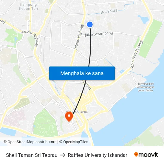 Shell Taman Sri Tebrau to Raffles University Iskandar map