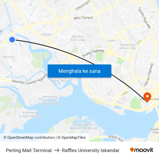 Perling Mall Terminal to Raffles University Iskandar map