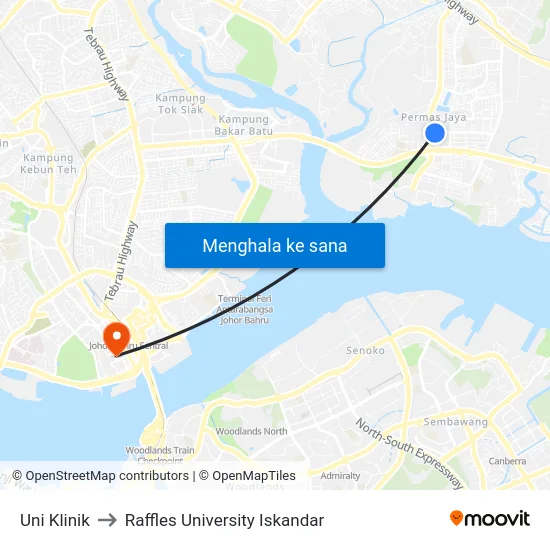 Uni Klinik to Raffles University Iskandar map