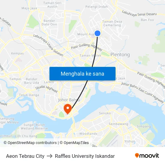 Aeon Tebrau City to Raffles University Iskandar map