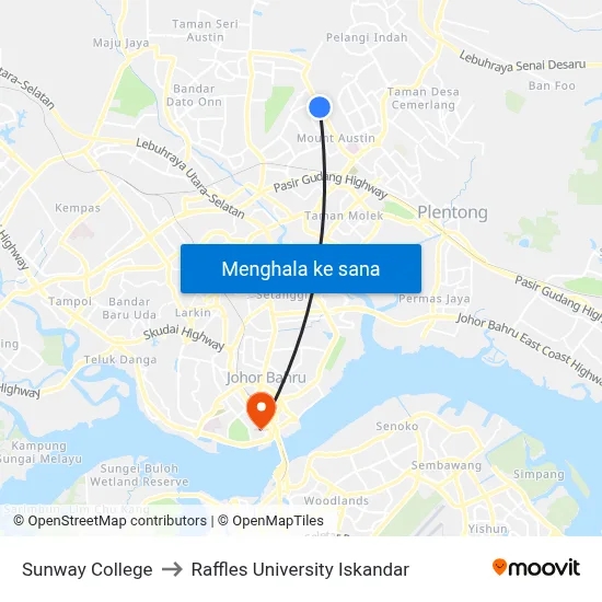 Sunway College to Raffles University Iskandar map