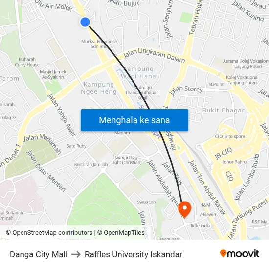 Danga City Mall to Raffles University Iskandar map