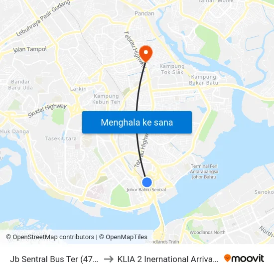 Jb Sentral Bus Ter (47711) to KLIA 2 Inernational Arrival Hall map