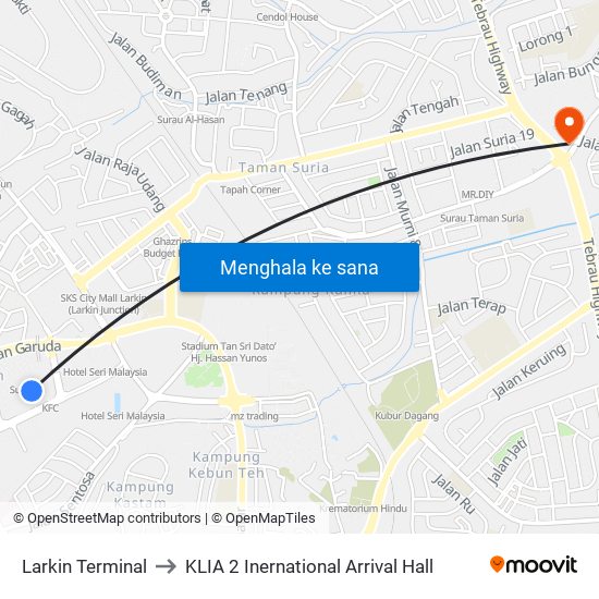 Larkin Terminal to KLIA 2 Inernational Arrival Hall map