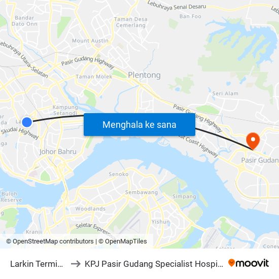 Larkin Terminal to KPJ Pasir Gudang Specialist Hospital map