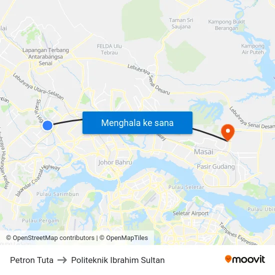 Petron Tuta to Politeknik Ibrahim Sultan map