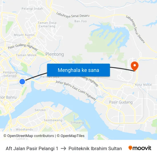 Aft Jalan Pasir Pelangi 1 to Politeknik Ibrahim Sultan map