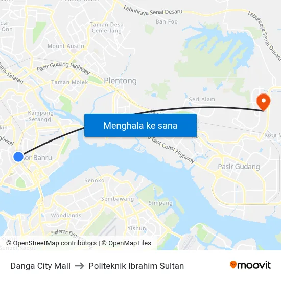 Danga City Mall to Politeknik Ibrahim Sultan map