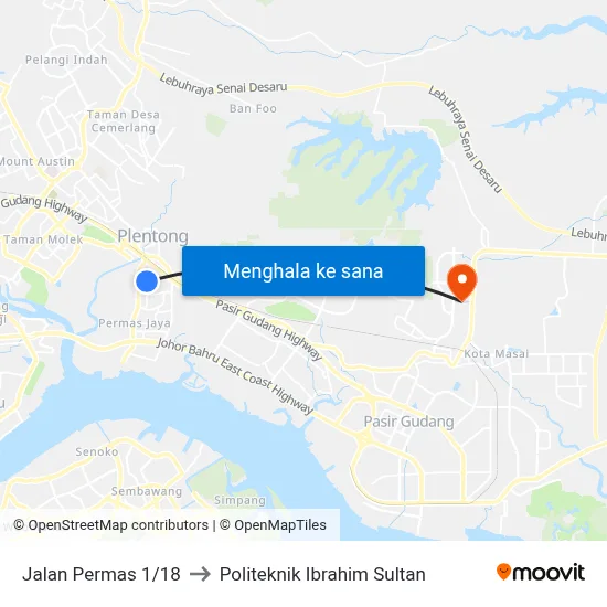 Jalan Permas 1/18 to Politeknik Ibrahim Sultan map