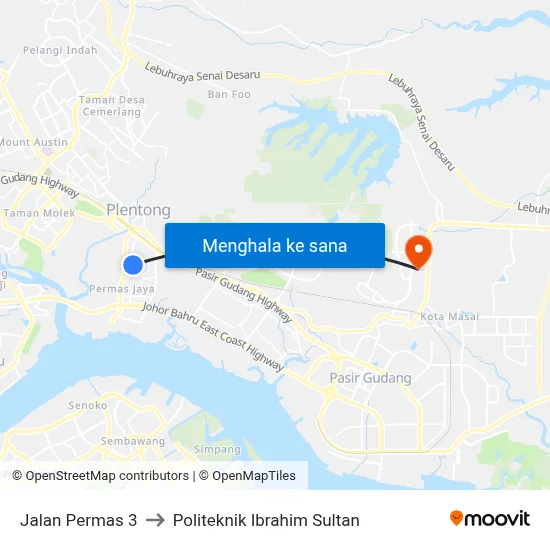 Jalan Permas 3 to Politeknik Ibrahim Sultan map
