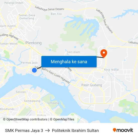 SMK Permas Jaya 3 to Politeknik Ibrahim Sultan map