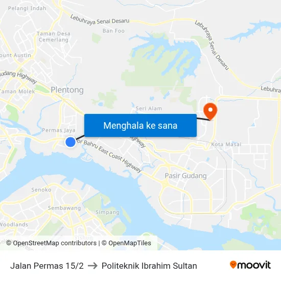 Jalan Permas 15/2 to Politeknik Ibrahim Sultan map