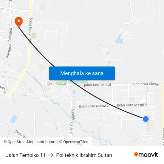Jalan Tembika 11 to Politeknik Ibrahim Sultan map