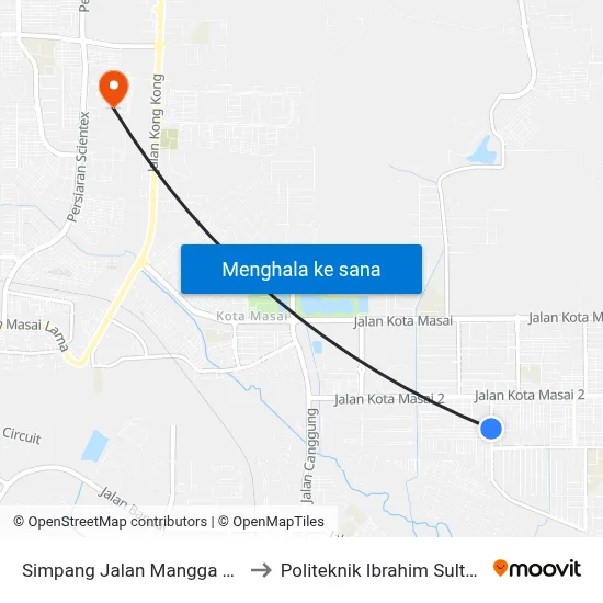 Simpang Jalan Mangga 13 to Politeknik Ibrahim Sultan map