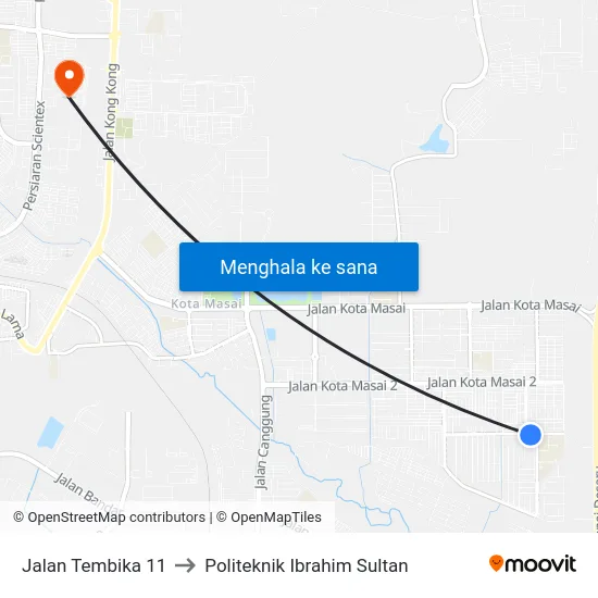 Jalan Tembika 11 to Politeknik Ibrahim Sultan map