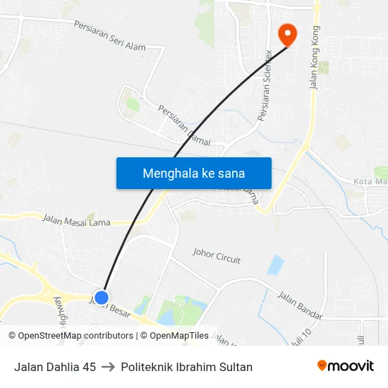Jalan Dahlia 45 to Politeknik Ibrahim Sultan map