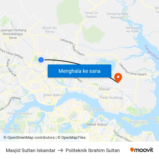 Masjid Sultan Iskandar to Politeknik Ibrahim Sultan map