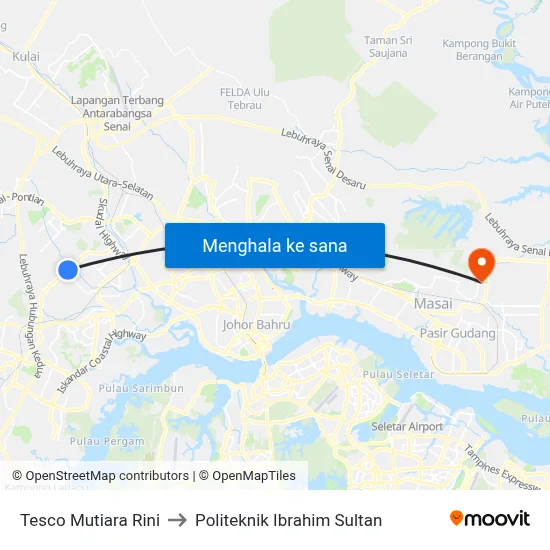 Tesco Mutiara Rini to Politeknik Ibrahim Sultan map