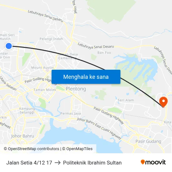 Jalan Setia 4/12 17 to Politeknik Ibrahim Sultan map
