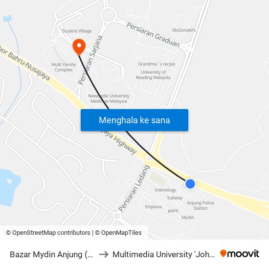 Mydin Anjung to Multimedia University 'Johor Campus' map