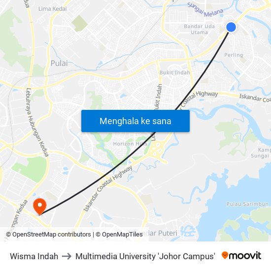 Wisma Indah to Multimedia University 'Johor Campus' map