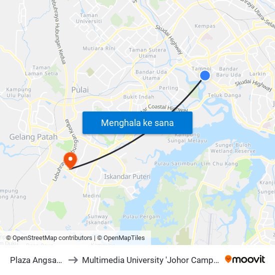 Plaza Angsana to Multimedia University 'Johor Campus' map