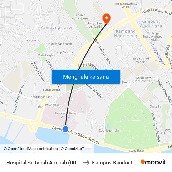 Hospital Sultanah Aminah (0004171) to Kampus Bandar UTHM map