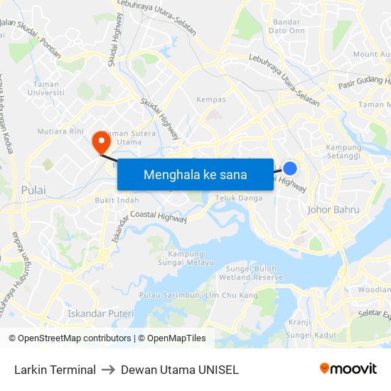 Larkin Terminal to Dewan Utama UNISEL map