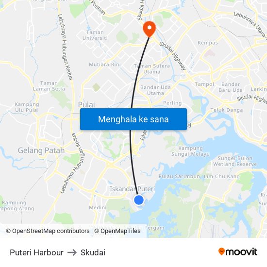 Puteri Harbour to Skudai map
