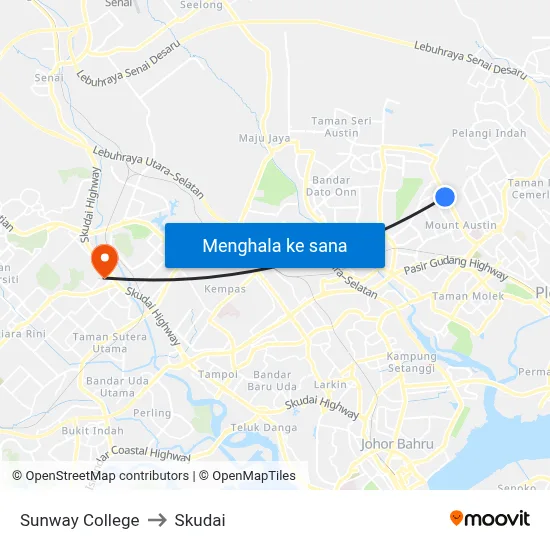 Sunway College to Skudai map