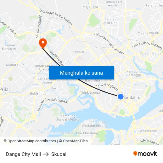 Danga City Mall to Skudai map