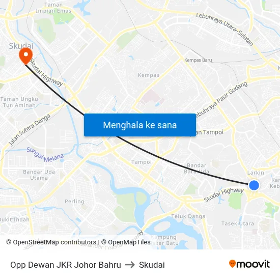 Opp Dewan JKR Johor Bahru to Skudai map