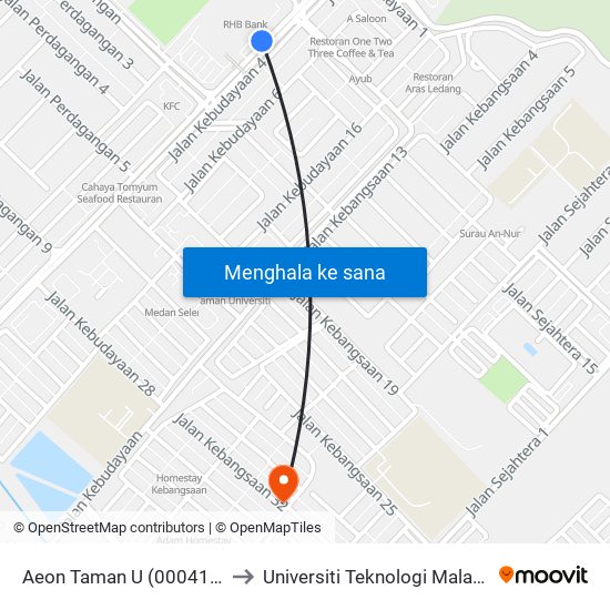 Aeon Taman U (0004197) to Universiti Teknologi Malaysia map