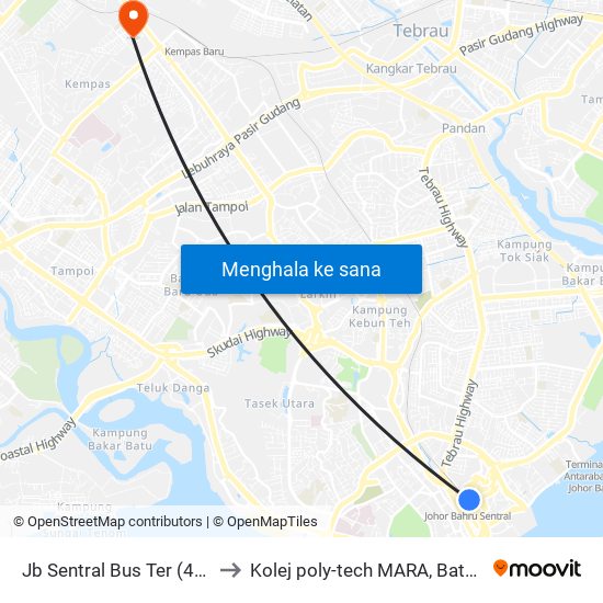 Jb Sentral Bus Ter (47711) to Kolej poly-tech MARA, Batu pahat map