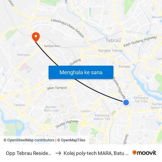 Opp Tebrau Residences to Kolej poly-tech MARA, Batu pahat map