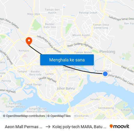 Aeon Mall Permas Jaya to Kolej poly-tech MARA, Batu pahat map