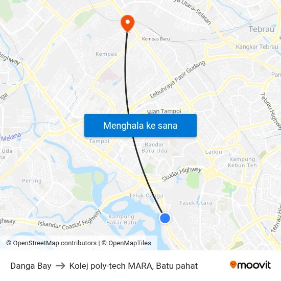 Danga Bay to Kolej poly-tech MARA, Batu pahat map