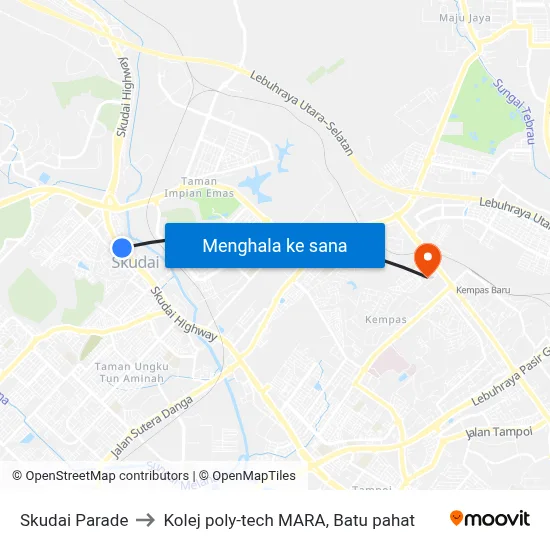 Skudai Parade to Kolej poly-tech MARA, Batu pahat map