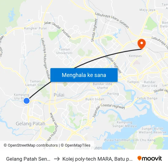 Gelang Patah Sentral to Kolej poly-tech MARA, Batu pahat map