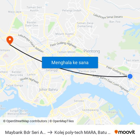 Maybank Bdr Seri Alam to Kolej poly-tech MARA, Batu pahat map