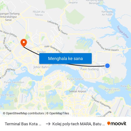 Terminal Bas Kota Masai to Kolej poly-tech MARA, Batu pahat map