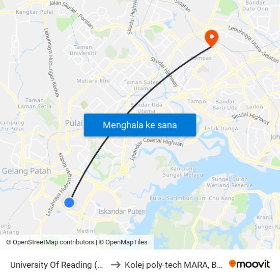 University Of Reading (Malaysia) to Kolej poly-tech MARA, Batu pahat map