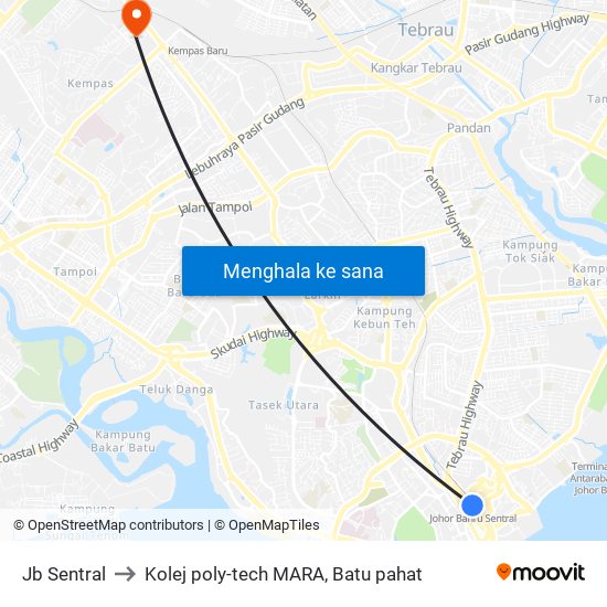 Jb Sentral to Kolej poly-tech MARA, Batu pahat map