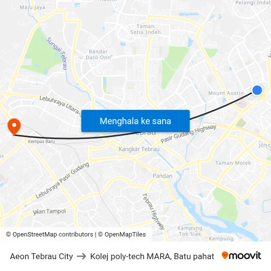 Aeon Tebrau City to Kolej poly-tech MARA, Batu pahat map