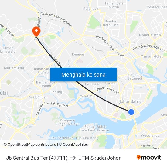 Jb Sentral Bus Ter (47711) to UTM Skudai Johor map