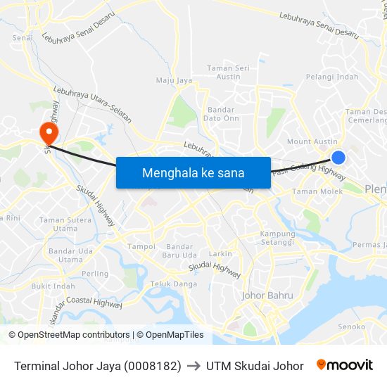 Terminal Johor Jaya (0008182) to UTM Skudai Johor map